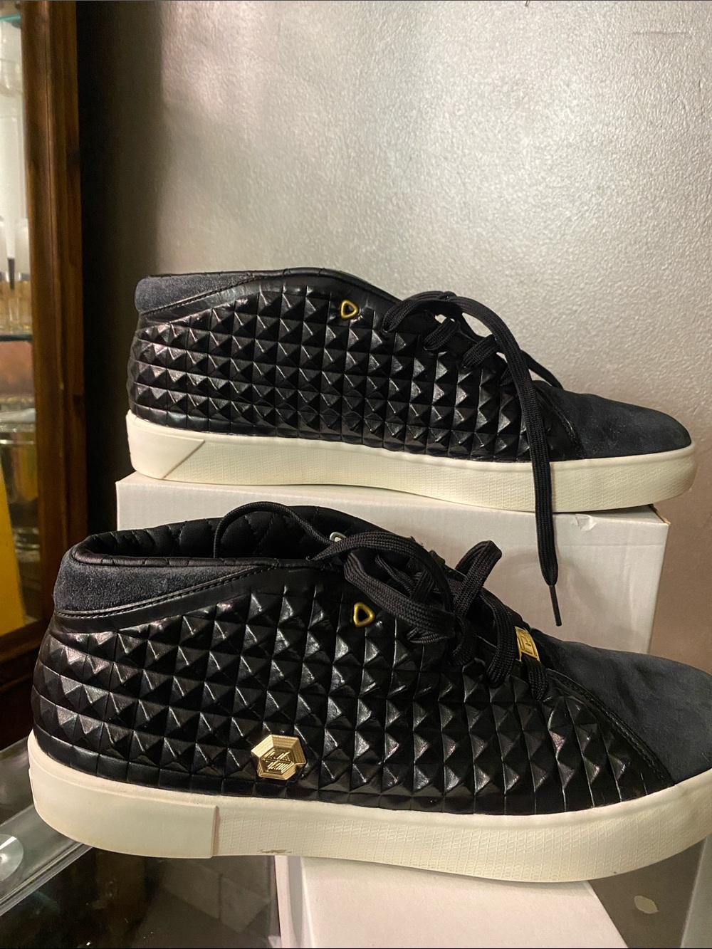 H By Hudson Black Quilted Mid-Top Sneakers with Gold Accents